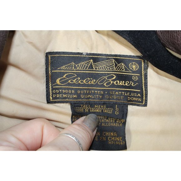 Eddie Bauer Brown Leather Nylon Lined Down Jacket Size L Tall - Picture 5 of 10